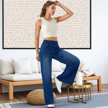 Women's High-Waisted Washed Baggy Wide-Leg Stretchy Knit Jeans with Multiple Pockets