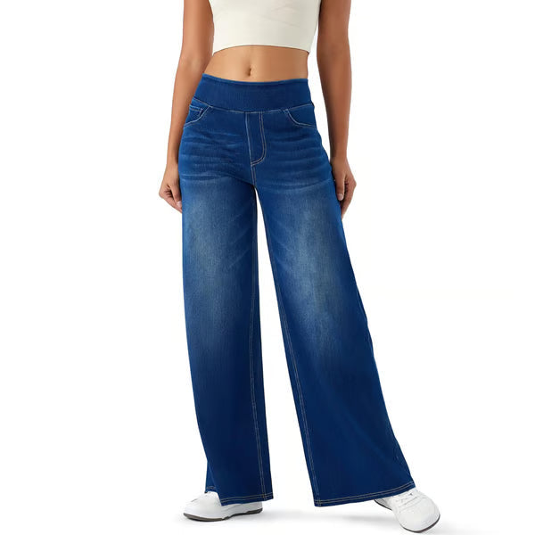 Women's High-Waisted Washed Baggy Wide-Leg Stretchy Knit Jeans with Multiple Pockets